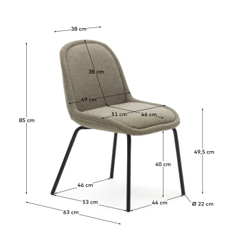 Cadeira Aimin de chenille castanho-claro e pernas de aço com acabamento pintado preto mate - tamanhos