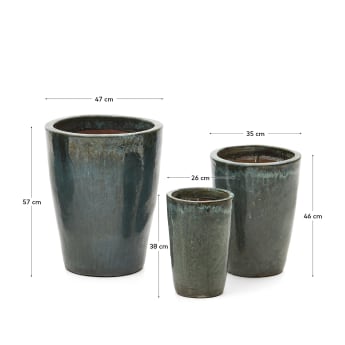Ensemble Rotja de 3 pots de fleurs en terre cuite, finition bleue émaillée Ø 26 / 35 / 47 cm - dimensions