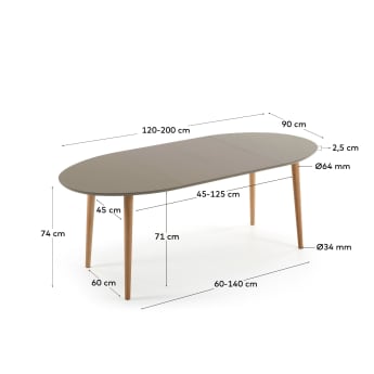 Oqui ovale uitschuifbare tafel, bruin gelakt MDF en beukenhouten poten 120 (200) x 90 cm - maten