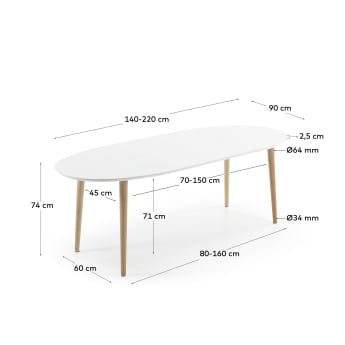 Oqui ovale uitschuifbare tafel, wit gelakt MDF en beukenhouten poten 140 (220) x 90 cm - maten