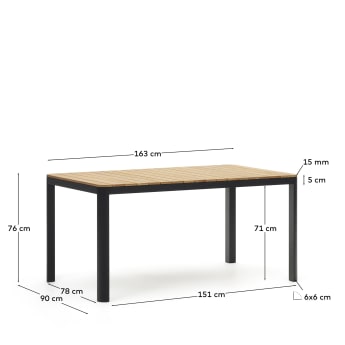 Table 100 % d'extérieur Bona bois de teck massif et aluminium finition noire 160 x 90 cm - dimensions