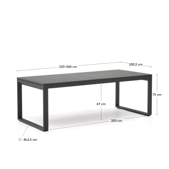 Galdana outdoor extendable table made of aluminum with dark grey finish 220 (340) x 100 cm - sizes