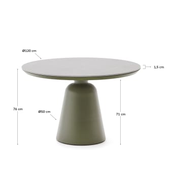 Table d’extérieur Tudons en aluminium et plateau en céramique, couleur verte Ø120 cm - dimensions