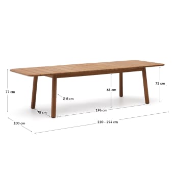 Table extensible Turqueta en bois de teck 220(294) x 100 cm FSC 100 % - dimensions