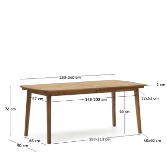 Mesa extensible de exterior Thianna de madera maciza de acacia 180 (240) x 90 cm FSC 100% - tamaños