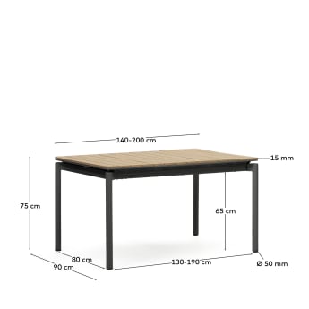 Table extensible de jardin Canyelles en bois d'œuvre en plastique et aluminium noir mat 140 (200) x 90 cm - dimensions
