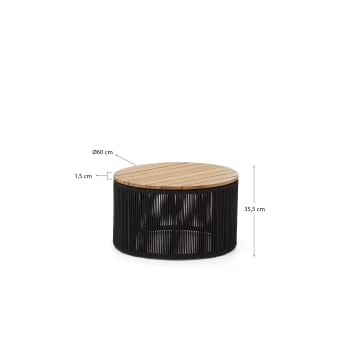 Salontafel Dandara van staal, zwart touw en massief acaciahout Ø60 cm. FSC 100% - maten