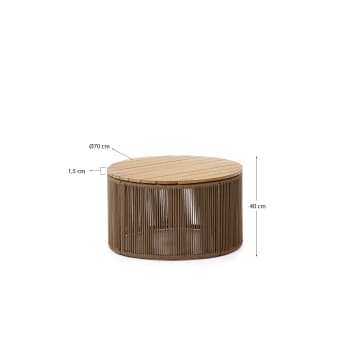 Stolik kawowy Dandara ze stali, beżowego sznurka i litego drewna akacjowego Ø 70 cm FSC 100% - rozmiary