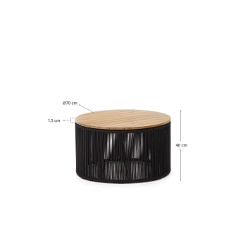 Mesa de centro Dandara de acero, cuerda negro y madera maciza de acacia Ø70 cm FSC 100% - tamaños