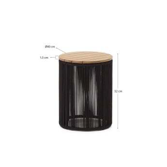 Table auxiliaire Dandara en acier, corde noire et bois d'acacia  Ø40 cm FSC 100% - dimensions
