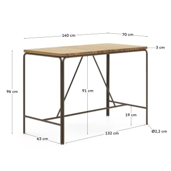 Table haute d'extérieur Salguer bois acacia massif acier marron 140 x 70 cm FSC 100% - dimensions