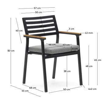 Chaise de jardin Bona aluminium finition noire avec accoudoirs en bois de teck massif - dimensions