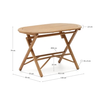 Dandara folding table in 100% FSC solid acacia wood natural finish, Ø 120 x 60 cm - sizes