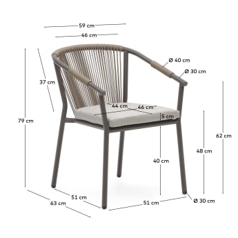 Krzesło ogrodowe Xelida z aluminium i brązową liną - rozmiary