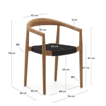 Cadira apilable exterior Ydalia de fusta massissa de teca amb acabat natural i corda negre - mides