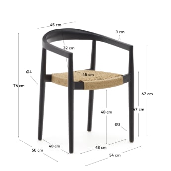 Krzesło sztaplowane Ydalia z litego drewna tekowego z czarnym wykończeniem i syntetyczną liną rattanową - rozmiary