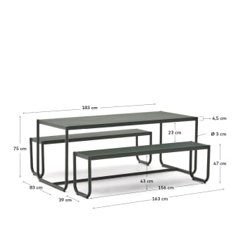 Ensemble Sotil de 2 bancs et table en acier galvanisé, finition verte 183 x 83 cm - dimensions