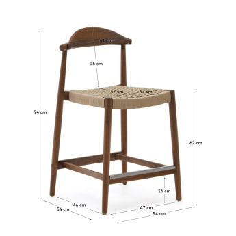 Nina solid acacia wood stool with walnut finish and beige rope height 62 cm - sizes