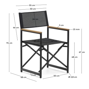 Chaise pliante 100 % d'extérieur Llado aluminium noir et accoudoirs en bois de teck - dimensions