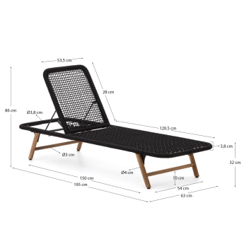 Chaise longue Dandara structure en acier corde noire et pieds en bois acacia FSC 100% - dimensions