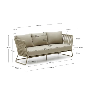 Saconca 3-seater outdoor sofa made of cord and green galvanised steel, 189 cm - sizes