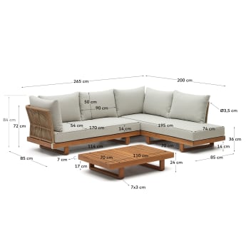 Zestaw Raco z 5-osobowej sofy narożnej i stolika kawowego z litego drewna akacjowego - rozmiary
