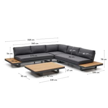 Set Tosqueta formato da un divano angolare a 5 posti e un tavolo in alluminio e legno massiccio di teak FSC 100% - dimensioni