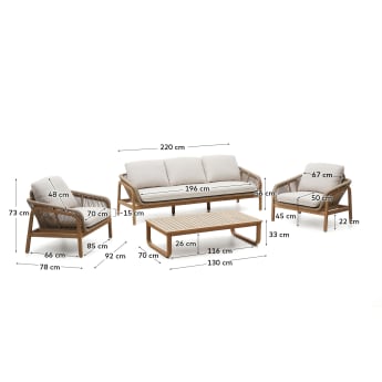 Set Vellana formato da divano a 3 posti, 2 poltrone e tavolino da salotto in legno massicc - dimensioni