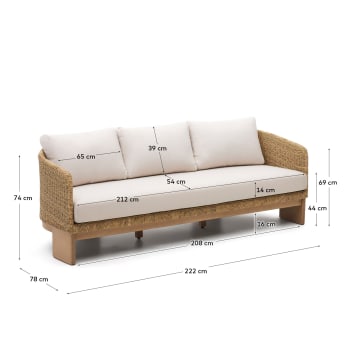 Xoriguer 3-seater sofa in synthetic rattan and 100% FSC solid eucalyptus wood, 223 cm - sizes