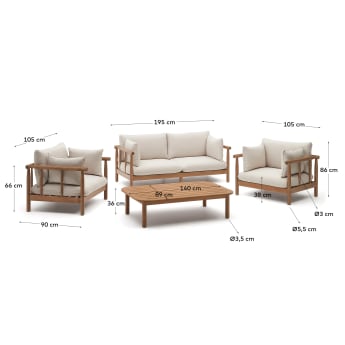 Set Sacova 2 poltronas, sofá 2 lugares e mesa de centro madeira maciça eucalipto FSC 100% - tamanhos
