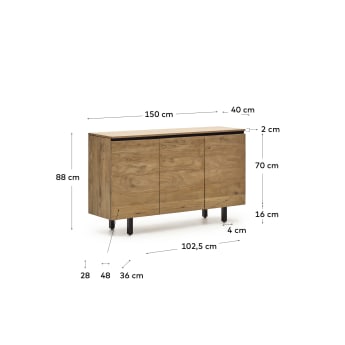 Aparador Uxue 3 portes de fusta massissa d'acàcia amb acabat natural 150 x 88 cm - mides
