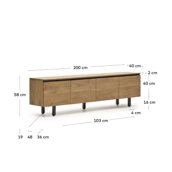 Uxue TV-meubel met 4 deuren in massief acaciahout met natuurlijke afwerking, 200 x 58 cm - maten