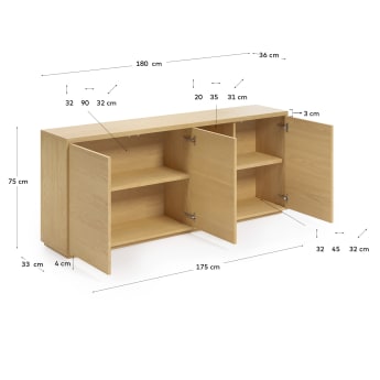 Abilen oak wood veneer 3 door sideboard, 180 x 75 cm FSC 100% - sizes