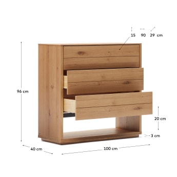 Alguema chest of drawers with 3 drawers in oak wood veneer with natural finish, 100 x 97 cm - sizes