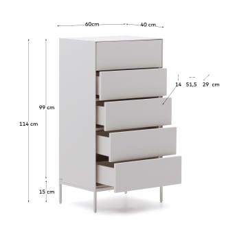 Commode Vedrana 5 tiroirs DM laqué blanc 60 x 114 cm - dimensions