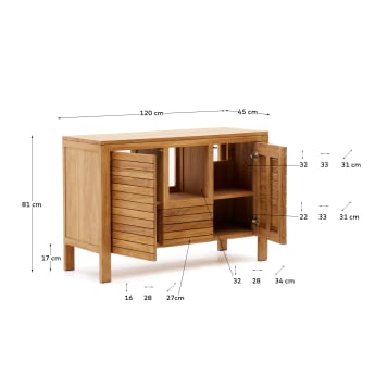 Neria bathroom furniture in solid teak wood with natural finish, 120 x 45 cm - sizes