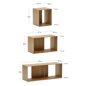 Litto set of 9 modular shelving units in oak wood veneer, 202 x 114 cm - sizes