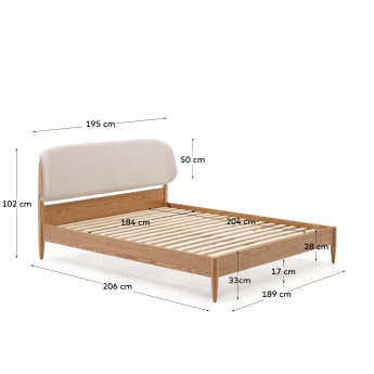 Octavia-bed in essen multiplex met wit gestoffeerd hoofdbord, 180 x 200 cm - maten