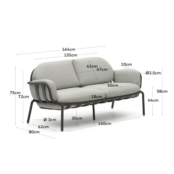 Joncols outdoor aluminium 2 seater sofa with powder coated grey finish, 165 cm - sizes