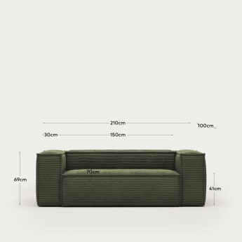 Blok 2 seater sofa in green corduroy, 210 cm FR - dimensions