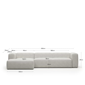 Blok 4 seater sofa with left side chaise longue in white fleece, 330 cm FR - Größen