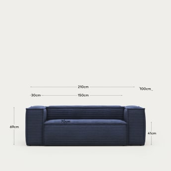 Blok 2 seater sofa in blue corduroy, 210 cm FR - sizes