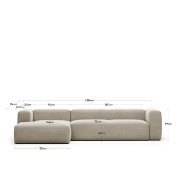 Blok 4 seater sofa with left side chaise longue in beige, 330 cm FR - dimensions