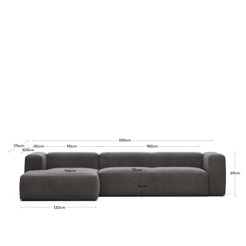 Blok 4 seater sofa with left side chaise longue in grey, 330 cm FR - sizes