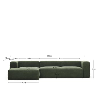 Blok 4 seater sofa with left hand chaise longue in green, 330 cm FR - sizes