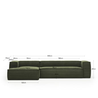 Sofa Blok z lewym szezlongiem 4-osobowa zielony gruby sztruks 330 cm - rozmiary
