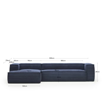 Blok 4θέσιος καναπές με ανάκλινδρο αριστερά σε μπλε χρώμα, 330 εκ FR - μεγέθη
