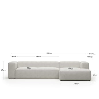Sofa Blok 4-osobowa z prawym szezlongiem tapicerowana białym boucle 330 cm FR - rozmiary