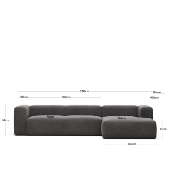 Blok 4 seater sofa with right side chaise longue in grey, 330 cm FR - maten