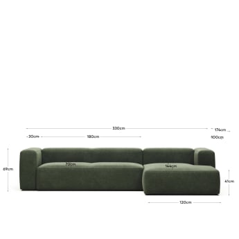 Sofa Blok 4-osobowa z szezlongiem z prawej strony w kolorze zielonym 330 cm FR - rozmiary